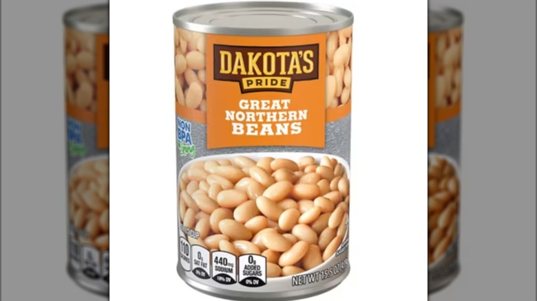 A can of Dakota's Pride Canned Great Northern Beans isolated on a white background