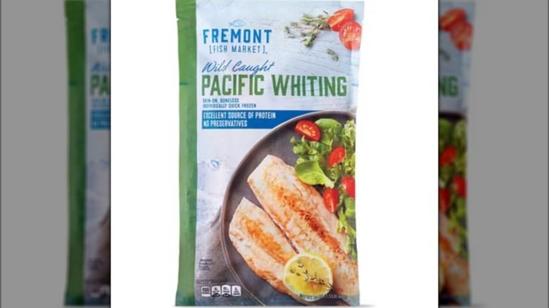 A bag of Fremont Fish Market Pacific Whiting Filets isolated on a white background