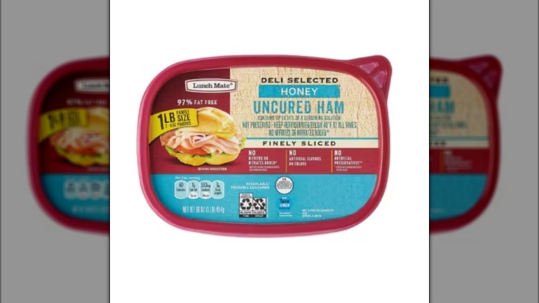 A package of Lunch Mate deli ham isolated on a white background
