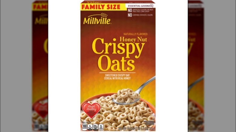 A box of Millville Honey Nut Crispy Oats isolated on a white background