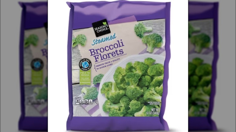 A bag of Season's Choice Steamable Frozen Broccoli Florets isolated on a white background