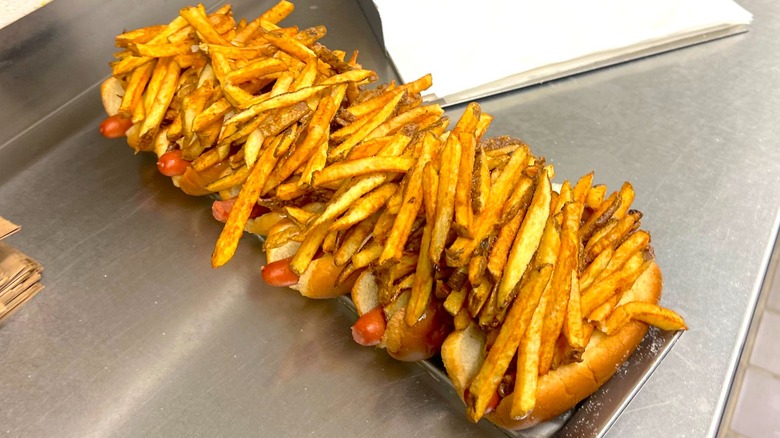 Six hot dogs on buns loaded with fries