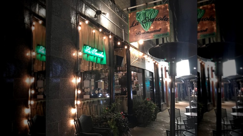 Exterior of La Scarola at night