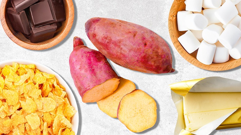 sweet potatoes surrounded by toppings