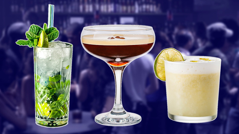 Three different cocktails with a purple background