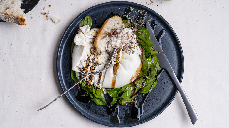 Elegant plating of burrata on salad with bread and balsamic vinegar