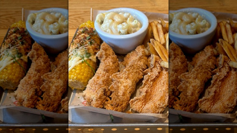Chili's original Crispers with corn on the cob, fries, and macaroni