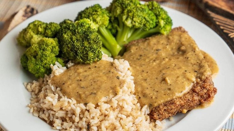 Smothered country-baked steak dinner special from Soul Vegetarian