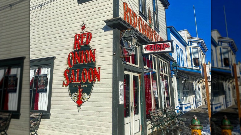 Exterior of the Red Onion Saloon on a sunny day