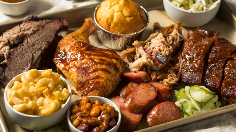 metal tray filled with saucy barbecue