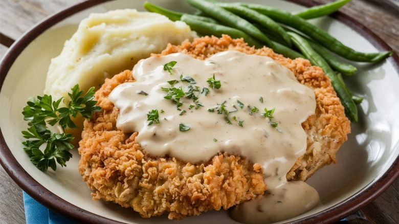 A plate of chicken fried steak on a wooden table, topped with gravy with mashed potatoes and green beans