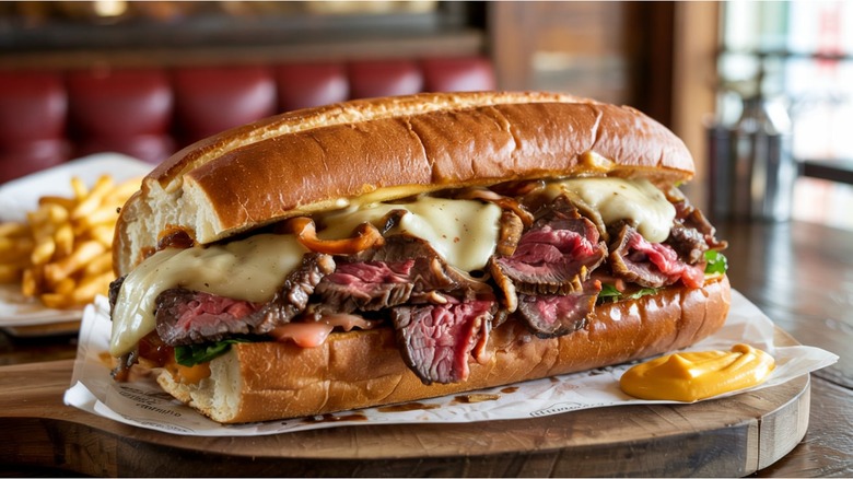 Philly Cheesesteak on paper wrapping on a restaurant table with a side of sauce and fries in the background