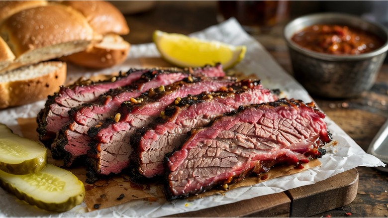 Slices of smoked brisket on paper on a wooden table with bread, a lemon slice, pickle, and a dipping sauce in the background