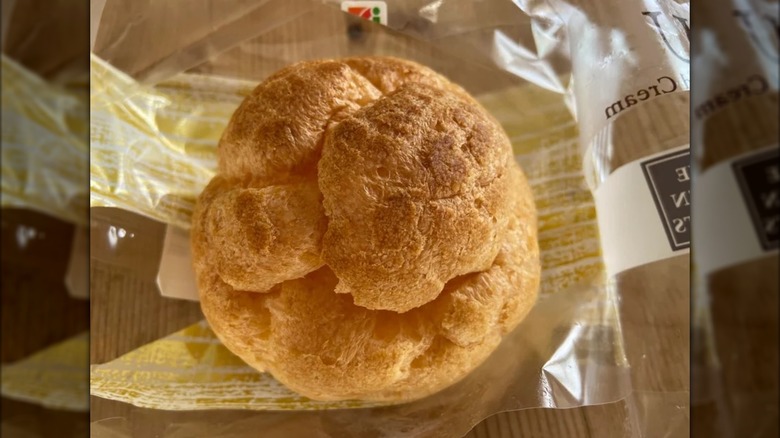 Custard cream puff on top of wrapper