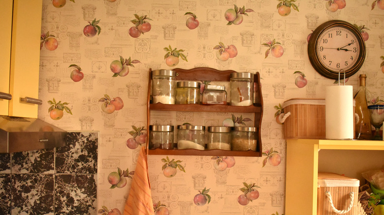 vintage decorative wallpaper shelf with spices