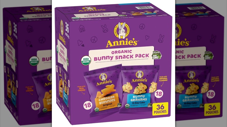 Purple box of Annie's Organic Snack Pack snacks including Cheddar Bunnies and B-Day Cake Bunny Grahams