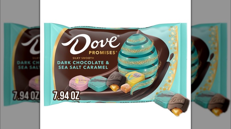 Teal and brown bag of Dove Promises Silky Smooth Caramel Springtime Mix candies