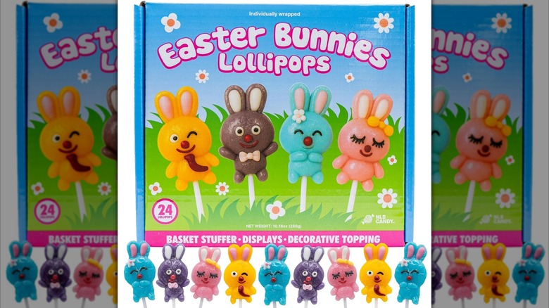 Blue decorative box of NLS Candy Co. Easter Bunny Lollipops in various colors