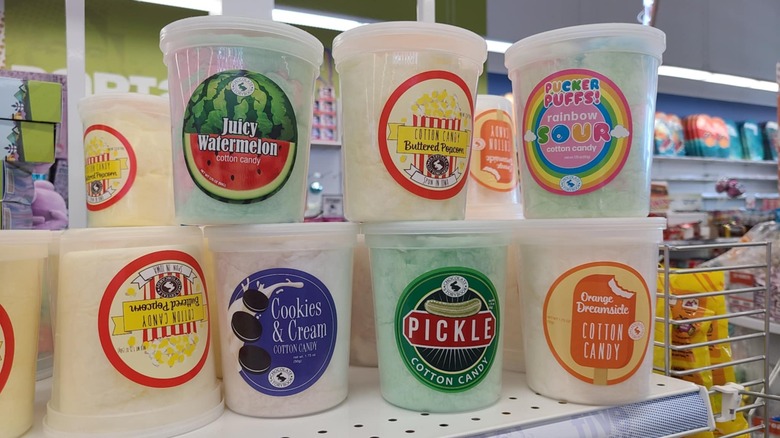 Tubs of different cotton candy flavors