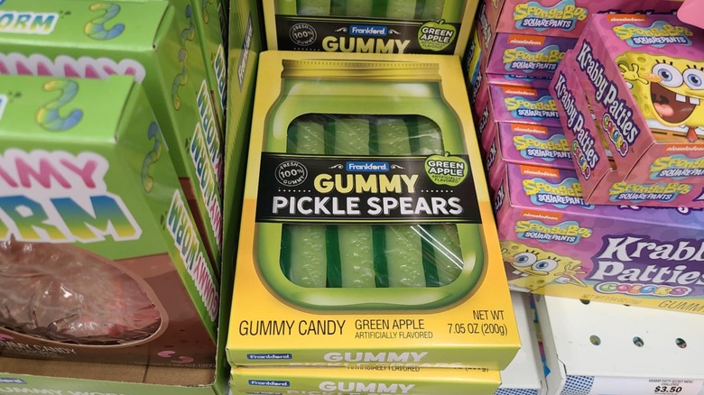 Boxes of gummy pickles spears