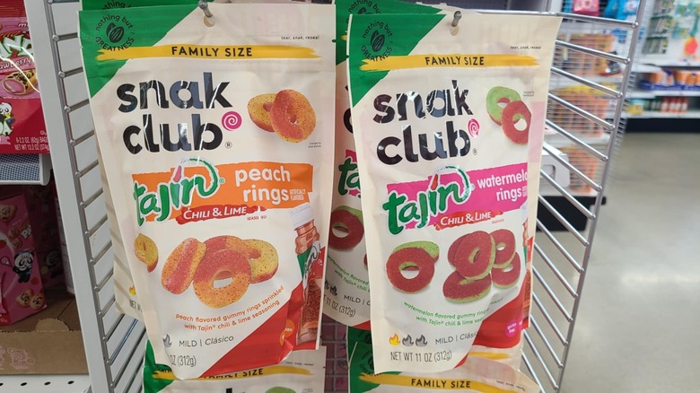Packages of peach and watermelon Tajín gummy rings