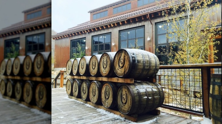 Stacked barrels outside of the High West Distillery.