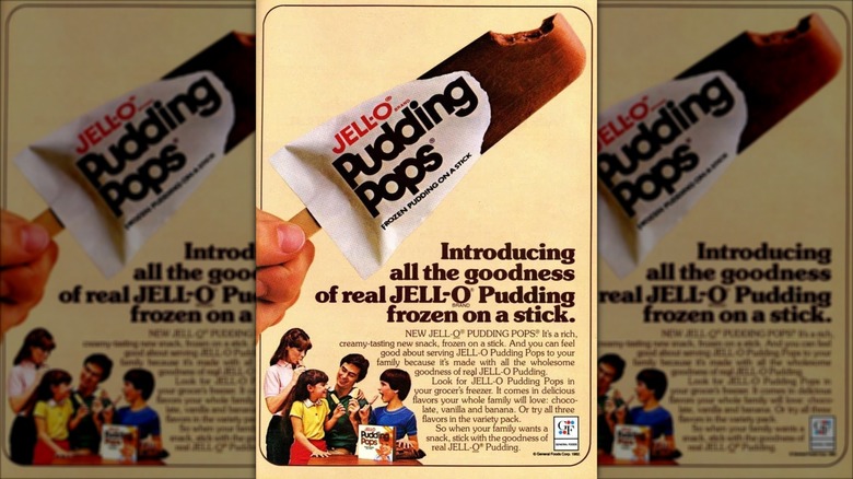 Jell-O Pudding Pops ad with hand holding popsicle and family enjoying popsicles