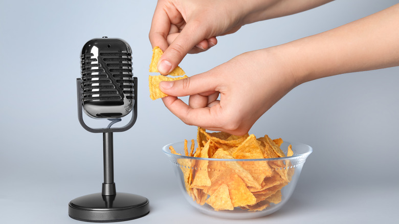 ASMR microphone hands breaking chips bowl 