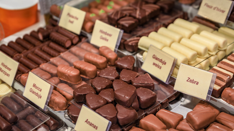 Various Swiss chocolates in a shop case with labels