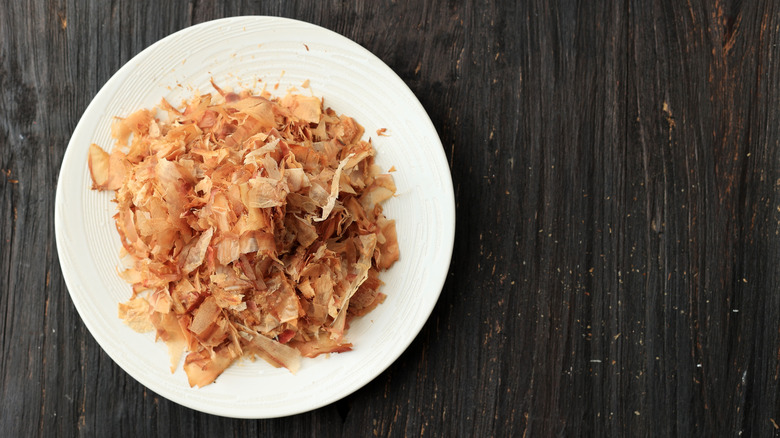 Top view of plate of kasuobushi flakes