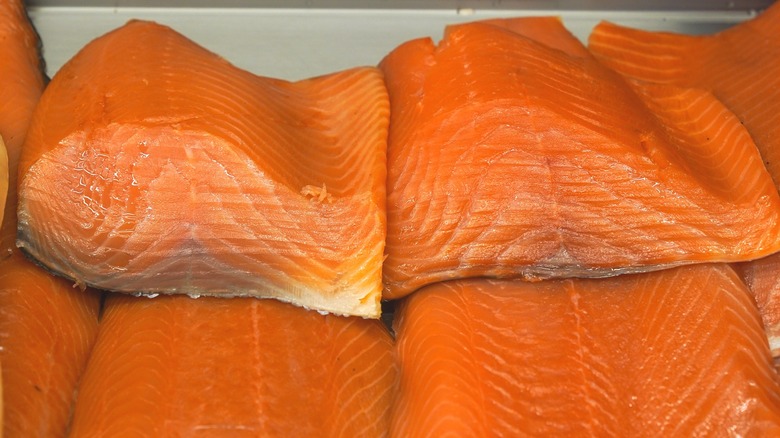 Close-up of stacked fillets of nova salmon