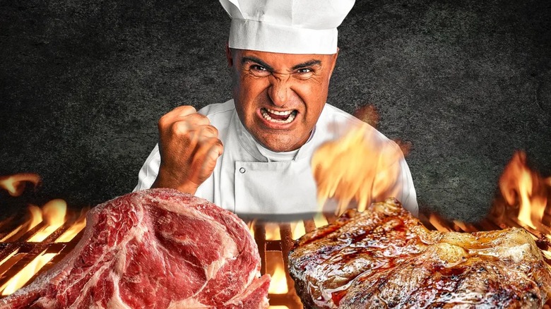 Angry steakhouse chef and meat