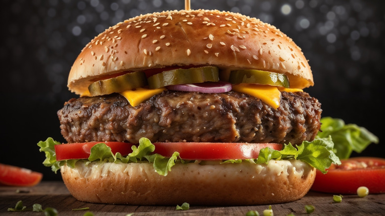 Bison burger with tomato, lettuce, cheese, pickles, and onion