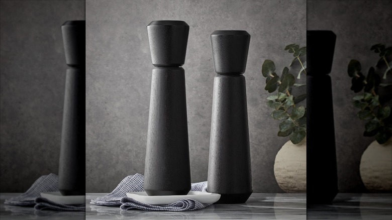 Black salt and pepper mill set on countertop with napkin and potted plant