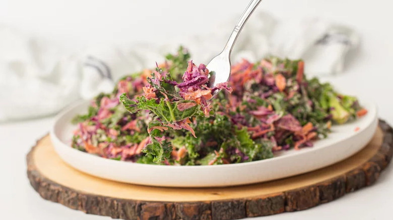 Forkful of kale and cabbage slaw lifted from plate