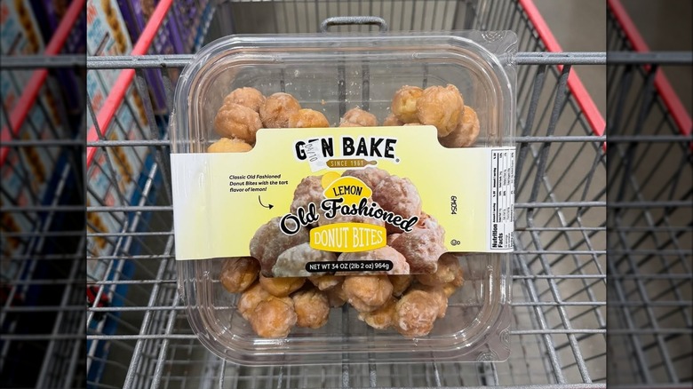 Plastic package with small donut bites in a shopping cart