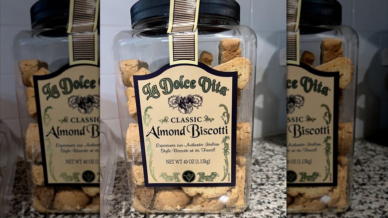 Plastic container with Italian biscotti on a kitchen counter