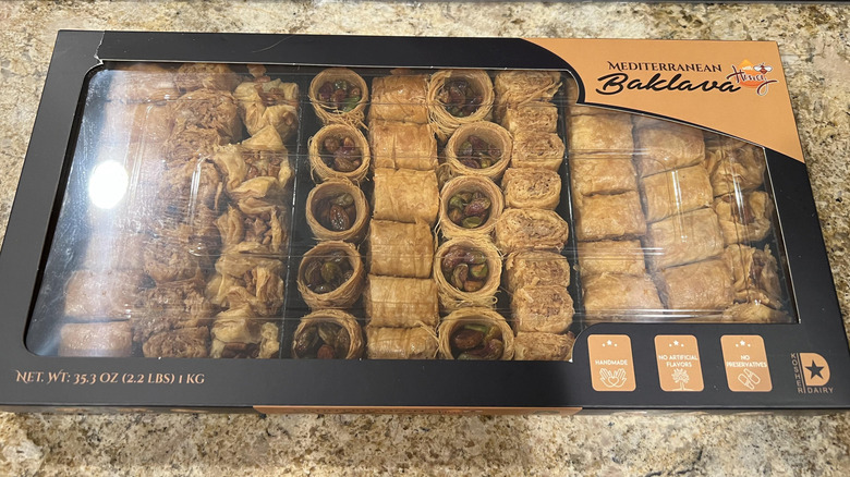 See-through package with an assortment of baklava bites