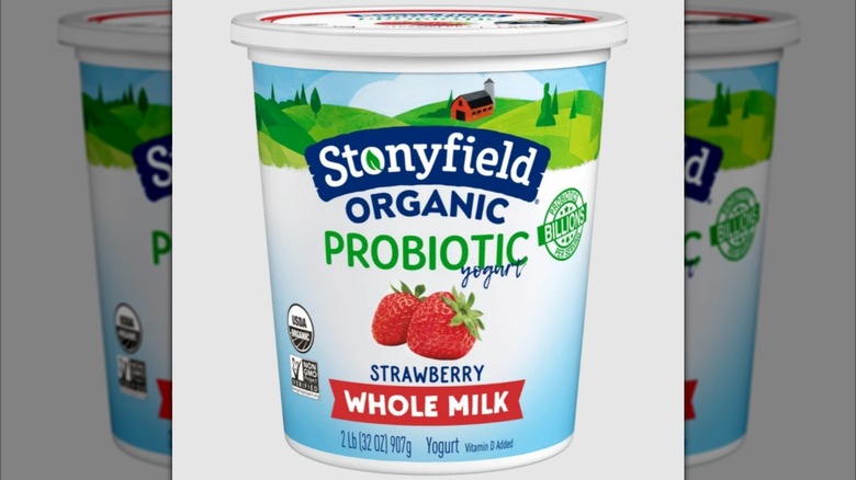 Carton of Stonyfield Strawberry Organic Whole Milk Probiotic Yogurt