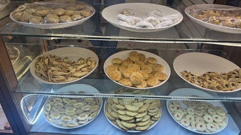 Assorted Moroccan treats behind counter
