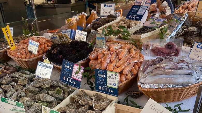 Assorted seafood for sale at Rue Mouffetard