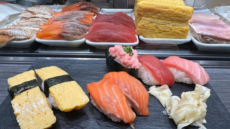 Assorted fresh sushi at the Tsukiji Outer Market
