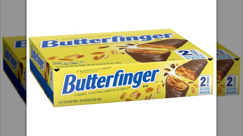 Box of Butterfinger bars in yellow packaging