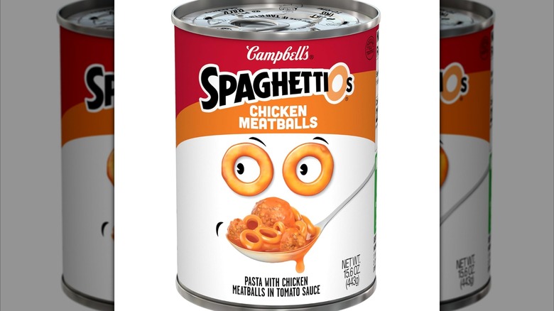 Red orange and white can of SpaghettiOs with chicken meatballs
