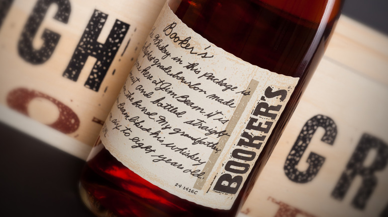 A close up of Booker's bourbon, highlighting a whiskey that has a limited release