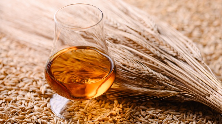 A whiskey glass show sitting on grains next to a bundle of wheat