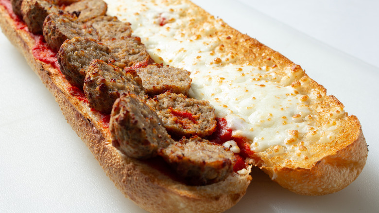 Meatball sandwich with halved meatballs