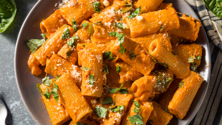Vodka sauce rigatoni on plate
