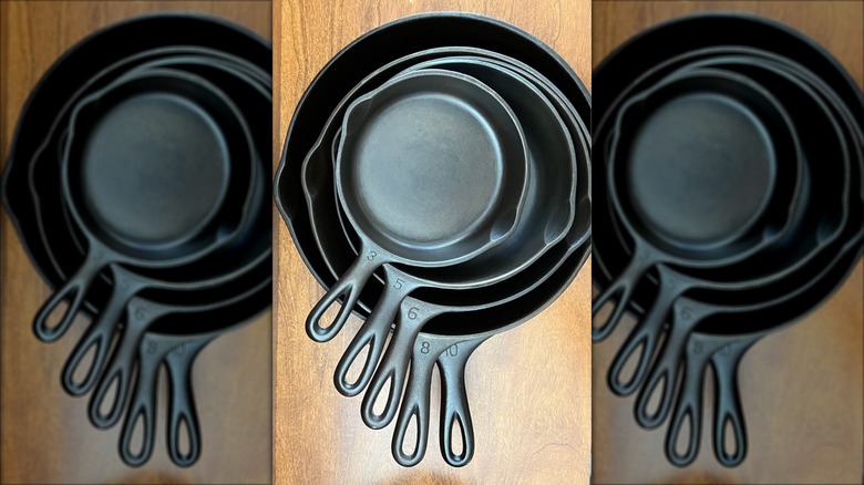 Set of five nested Wagner cast iron skillets