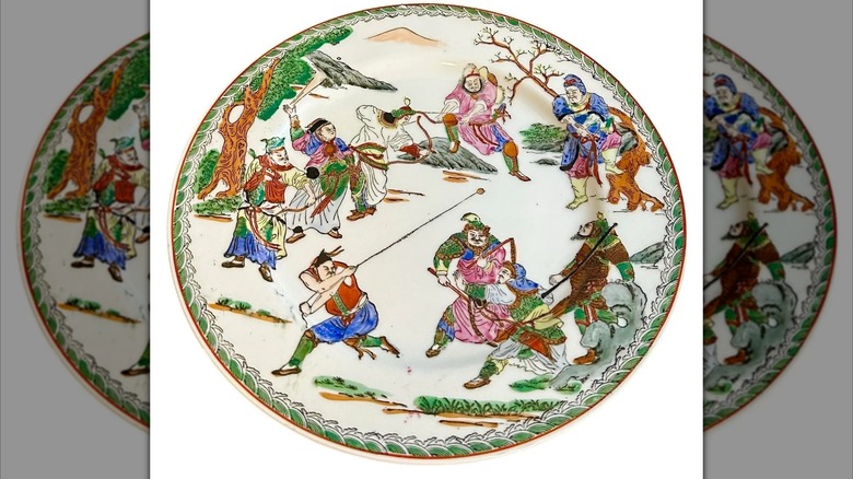 Vintage Chinese famille verte plate from 1970s with battle scene